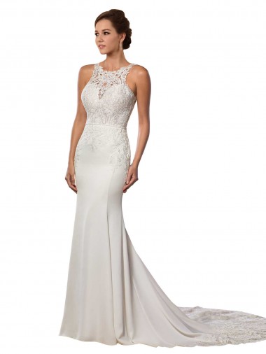Lace V-Back Chapel Train High Neck Sheath Modern Wedding Dress Stockport