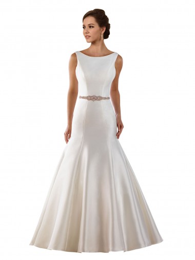 Satin V-Back Chapel Train Bateau Neck Mermaid Modern Wedding Dress Stockport