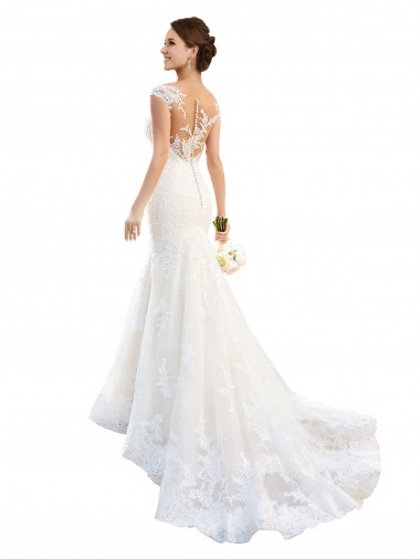 Lace Cap Sleeves Illusion Neck White Mermaid Wedding Dress Stockport