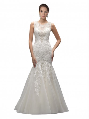 Tulle & Lace Sweep Train Illusion Neck Mermaid Wedding Dress Stockport