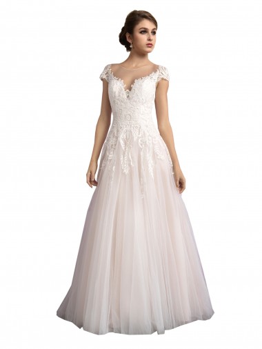 Tulle & Lace Cathedral Train Illusion Neck A-Line Beach Wedding Dress Stockport
