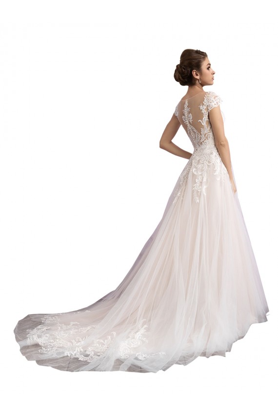 Tulle & Lace Cathedral Train Illusion Neck A-Line Beach Wedding Dress Stockport