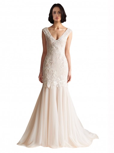 Tulle Low Back Sweep Train V-Neck Mermaid Wedding Dress Stockport