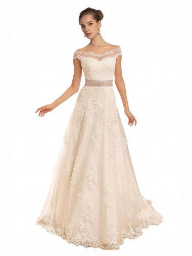 Lace Chapel Train Off the Shoulder A-Line Beach Wedding Dress Stockport