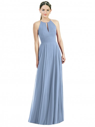 Soft Chiffon Long Halter Neck Dusty Blue A-Line Semi Formal Evening Dress / Bridesmaid Dress Stockport