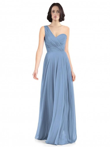 Soft Chiffon Long One Shoulder Dusty Blue A-Line Formal Dress / Bridesmaid Dress Stockport