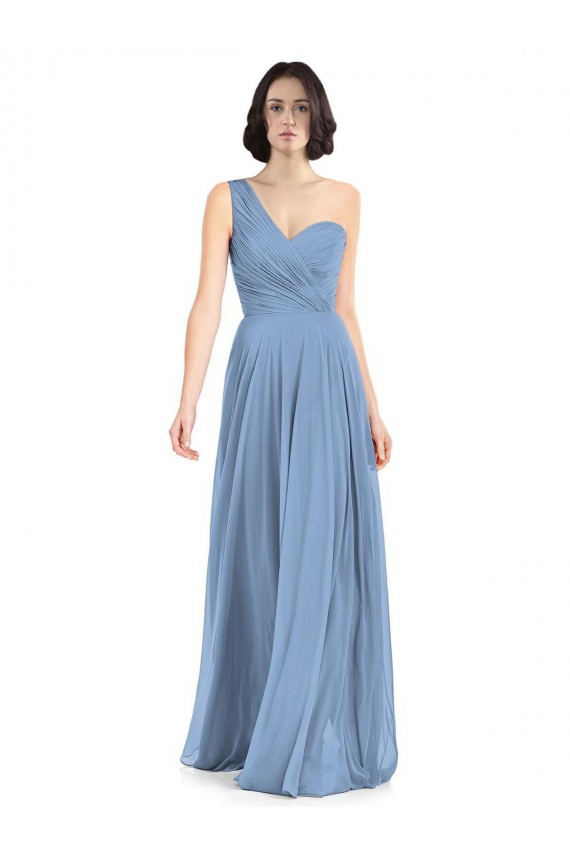 Soft Chiffon Long One Shoulder Dusty Blue A-Line Formal Dress / Bridesmaid Dress Stockport