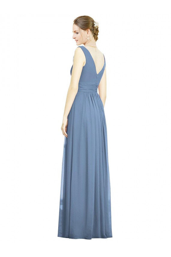 Soft Chiffon Long V-Neck Dusty Blue A-Line Semi Formal Evening Dress / Bridesmaid Dress Stockport