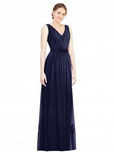 Chiffon Long V-Neck Dark Navy A-Line Bridesmaid Gowns Stockport