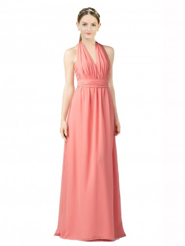 Soft Chiffon Long Halter Neck Watermelon A-Line Bridesmaid Dress Stockport