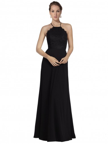 Soft Chiffon & Lace Open Back Long Halter Neck A-Line Bridesmaid Gown Stockport