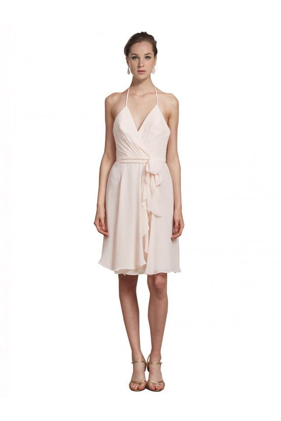 Soft Chiffon Knee Length Halter Neck Cream Pink A-Line Bridesmaid Dress Stockport
