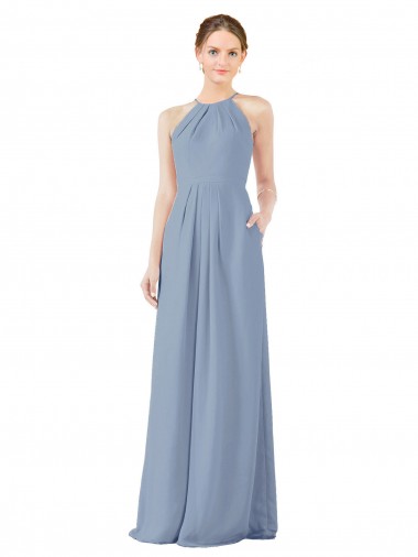 Soft Chiffon Keyhole Back Long Halter Neck Dusty Blue Sheath Bridesmaid Dress Stockport