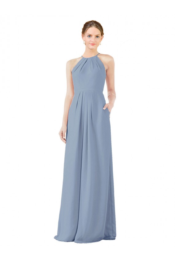 Soft Chiffon Keyhole Back Long Halter Neck Dusty Blue Sheath Bridesmaid Dress Stockport
