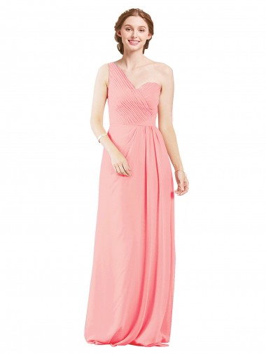 Soft Chiffon Long One Shoulder Salmon A-Line Bridal Party Dress Stockport