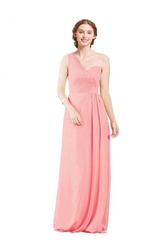 Soft Chiffon Long One Shoulder Salmon A-Line Bridal Party Dress Stockport
