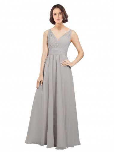 Soft Chiffon V-Back Long V-Neck Oyster Silver A-Line Bridesmaid Dress Stockport