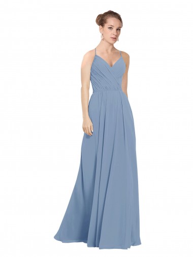 Soft Chiffon V-Back Long V-Neck Dusty Blue A-Line Evening Dress / Bridesmaid Dress Stockport