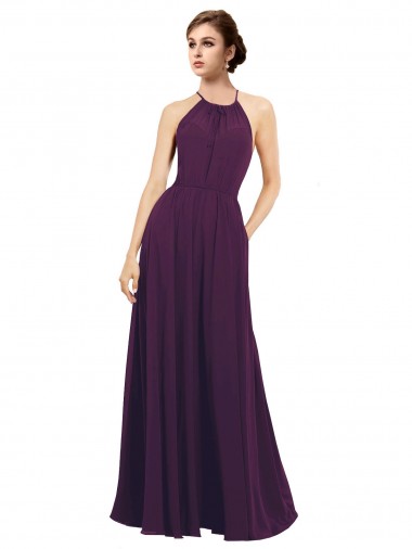 Chiffon Keyhole Back Long Halter Neck Grape A-Line Bridesmaid Dress / Evening Dress Stockport