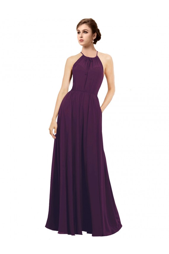 Chiffon Keyhole Back Long Halter Neck Grape A-Line Bridesmaid Dress / Evening Dress Stockport