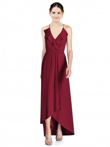Soft Chiffon Open Back Long Spaghetti Straps Burgundy A-Line High Low Bridesmaid Dress Stockport