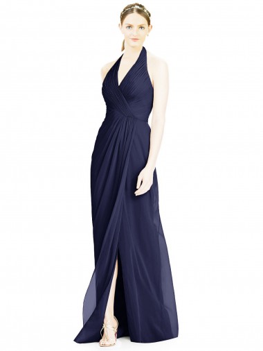 Soft Chiffon Open Back Long Halter Neck Dark Navy A-Line Formal Dress / Bridesmaid Dress Stockport
