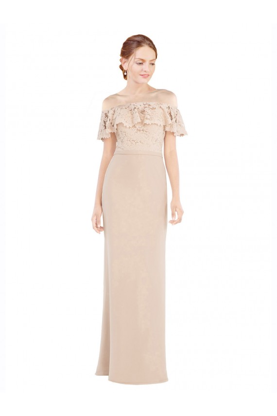 Soft Chiffon & Lace Long Off the Shoulder Champagne A-Line Prom Dress / Bridesmaid Dress Stockport