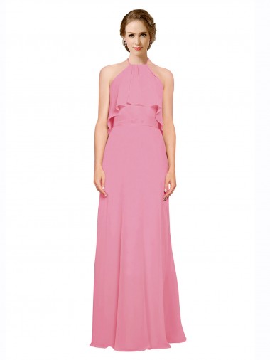 Soft Chiffon Low Back Long Halter Neck Skin Pink A-Line Bridesmaid Dress Stockport