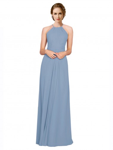 Chiffon Criss Cross Open Back Long Halter Neck Dusty Blue A-Line Bridesmaid Dress / Evening Dress Stockport