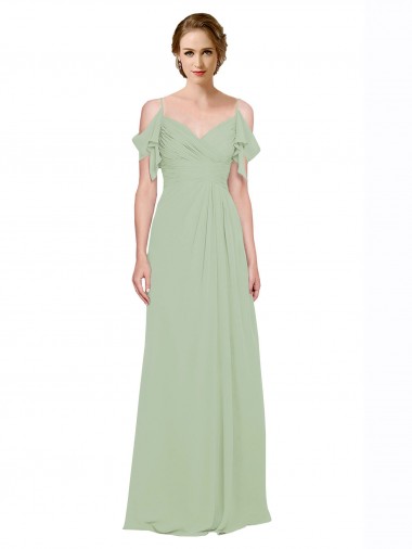 Lxue Chiffon Low Back Long Off the Shoulder Smoke Green A-Line Bridesmaid Dress Stockport