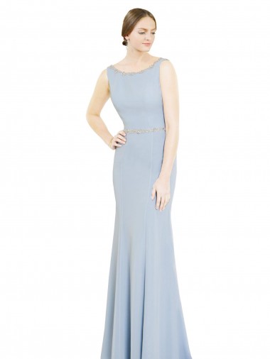 Soft Chiffon Low Back Long Boat Neck Light Sky Blue A-Line Bridesmaid Dress Stockport