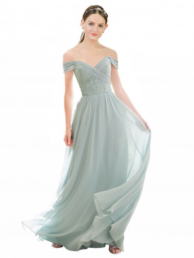 Soft Chiffon & Lace Long Off the Shoulder Sea Glass A-Line Bridesmaid Dress Stockport