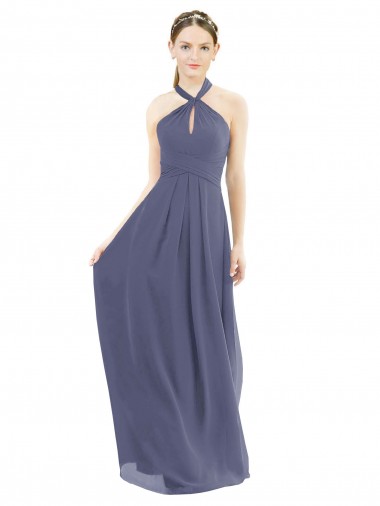 Soft Chiffon Low Back Long Halter Neck Silver Stone A-Line Bridesmaid Dress Stockport