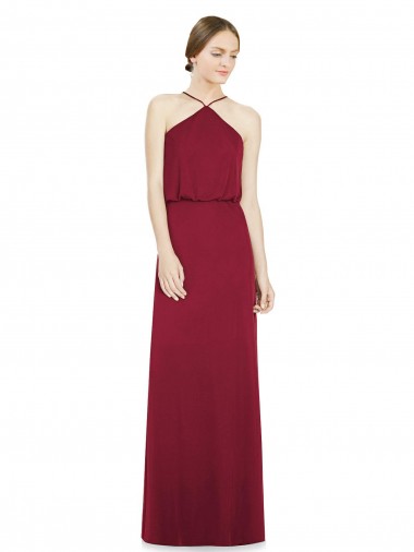 Soft Chiffon Open Back Long Halter Neck Burgundy A-Line Bridesmaid Dress Stockport