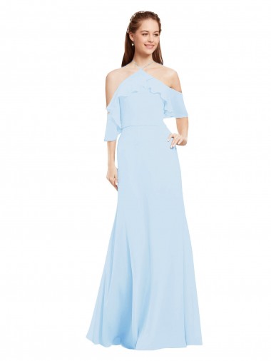 Soft Chiffon Long Halter Neck Light Sky Blue A-Line Formal Dress / Bridesmaid Dress Stockport