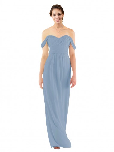 Soft Chiffon Long Off the Shoulder Dusty Blue Sheath Bridesmaid Dress Stockport