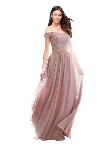 Soft Chiffon & Lace Long Off the Shoulder Pink A-Line Bridesmaid Dress Stockport