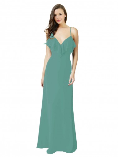 Soft Chiffon Long Spaghetti Straps Icelandic Silver A-Line Bridesmaid Gown Stockport