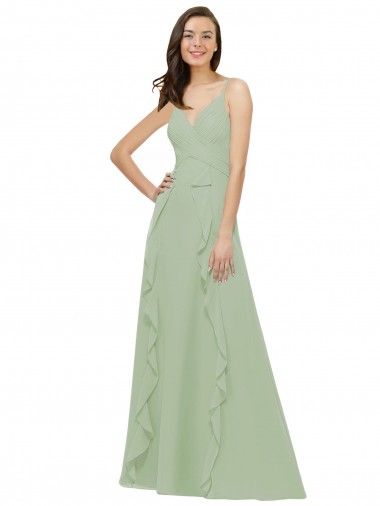 Soft Chiffon Long Spaghetti Straps Smoke Green A-Line Bridesmaid Dress Stockport