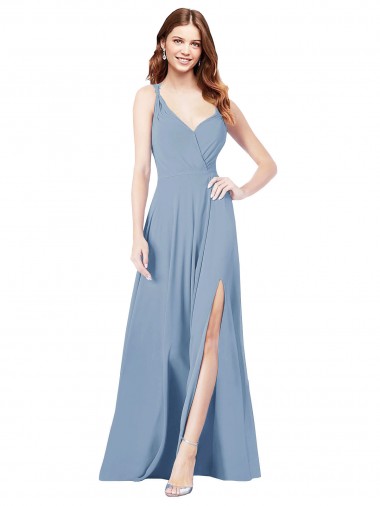 Soft Chiffon Keyhole Back Long Spaghetti Straps Dusty Blue A-Line Formal Dress / Bridesmaid Dress Stockport