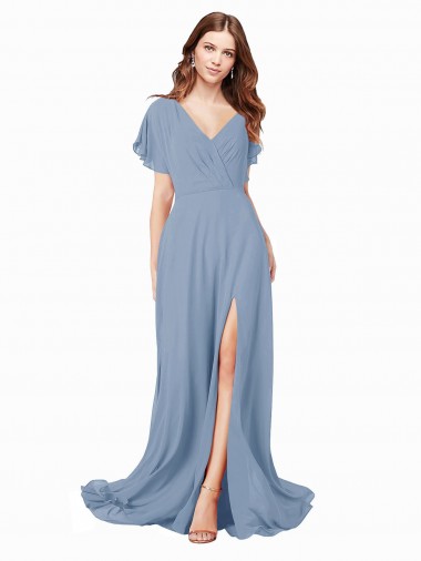 Soft Chiffon Long V-Neck A-Line Black Tie Prom Dress / Bridesmaid Dress Stockport