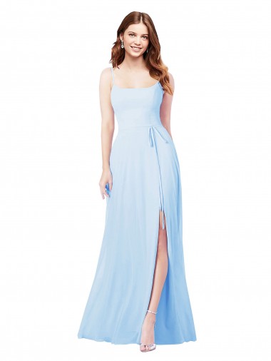 Soft Chiffon Long Spaghetti Straps Light Sky Blue Sheath Bridesmaid Dress Stockport