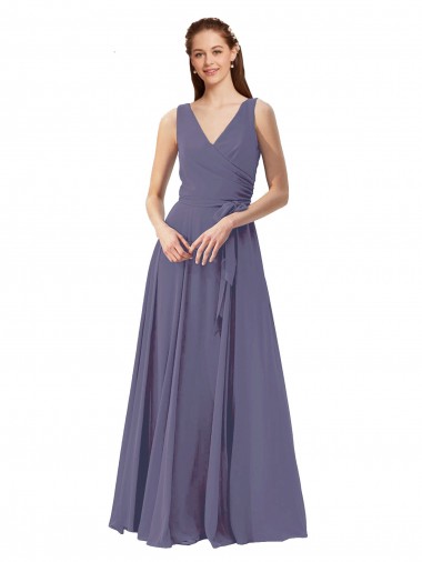 Soft Chiffon Long V-Neck Silver Stone A-Line Bridesmaid Dress Stockport