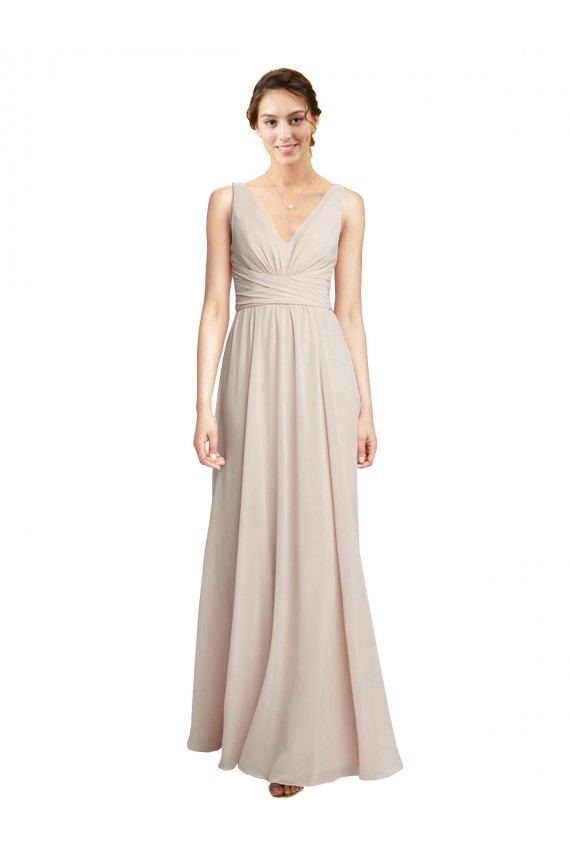 Soft Chiffon Long V-Neck Cream Pink A-Line Formal Dress / Bridesmaid Dress Stockport