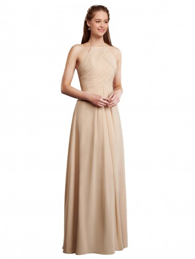 Soft Chiffon Low Back Long Halter Neck Champagne A-Line Bridesmaid Dress Stockport