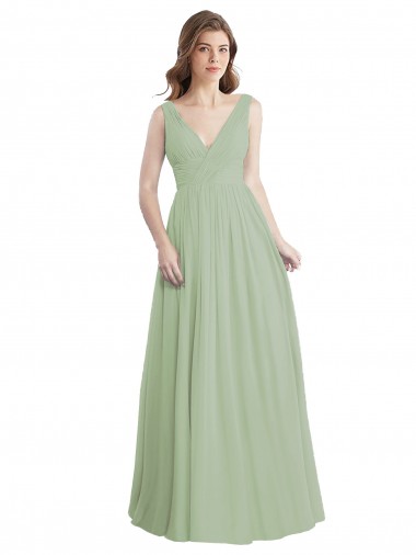 Soft Chiffon V-Back Long V-Neck Smoke Green A-Line Formal Dress / Bridesmaid Dress Stockport