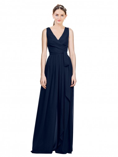 Chiffon Long V-Neck Dark Navy A-Line Wedding Party Dress Stockport