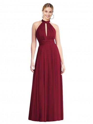 Soft Chiffon Open Back Long Halter Neck Burgundy A-Line Semi Formal Evening Dress / Bridesmaid Dress Stockport