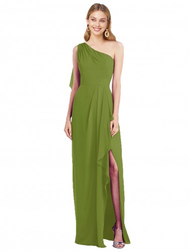 Soft Chiffon Long One Shoulder Olive Green Trumpet Bridesmaid Dress Stockport
