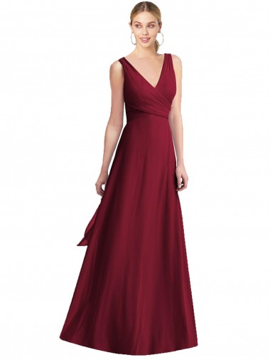Chiffon V-Back Long Floor Length V-Neck Burgundy A-Line Bridesmaid Dress Stockport